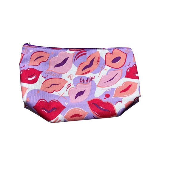 Clinique Lip Print Cosmetic Bag 8"x5" Multi-Purpose Zipper Pouch With Purple Lin - Picture 1 of 5